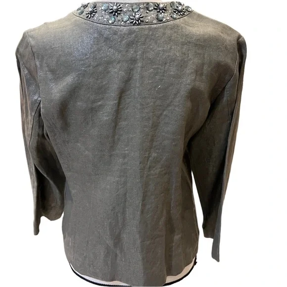 Chico’s 100% Linen Taupe Metallic Open Front Jacket Jeweled Neckline Sz S - Picture 3 of 11